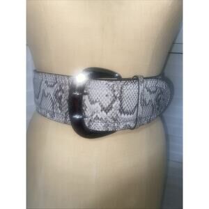 Python Snake Skin Leather Belt Stretch Back 3” Wide Silver Tone Double Buckle M
